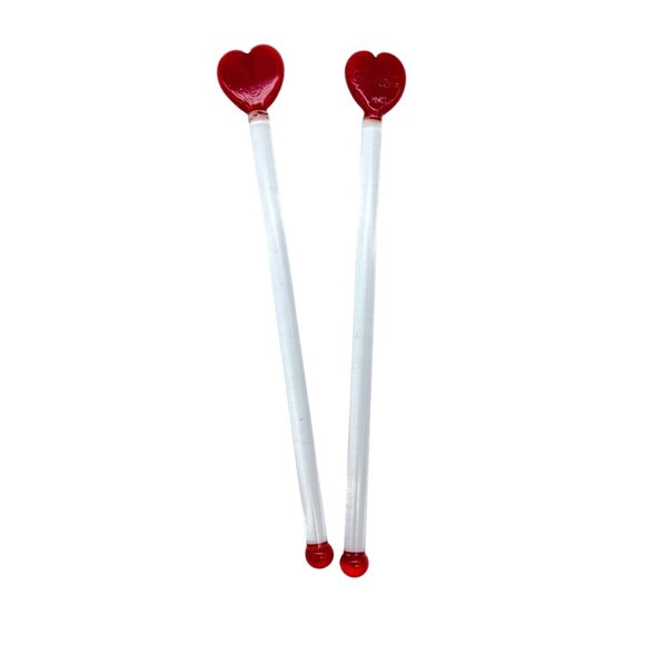 Glass handblown Red heart swizzle sticks Cocktail stirrers 5 7/8" Valentines - Picture 2 of 4